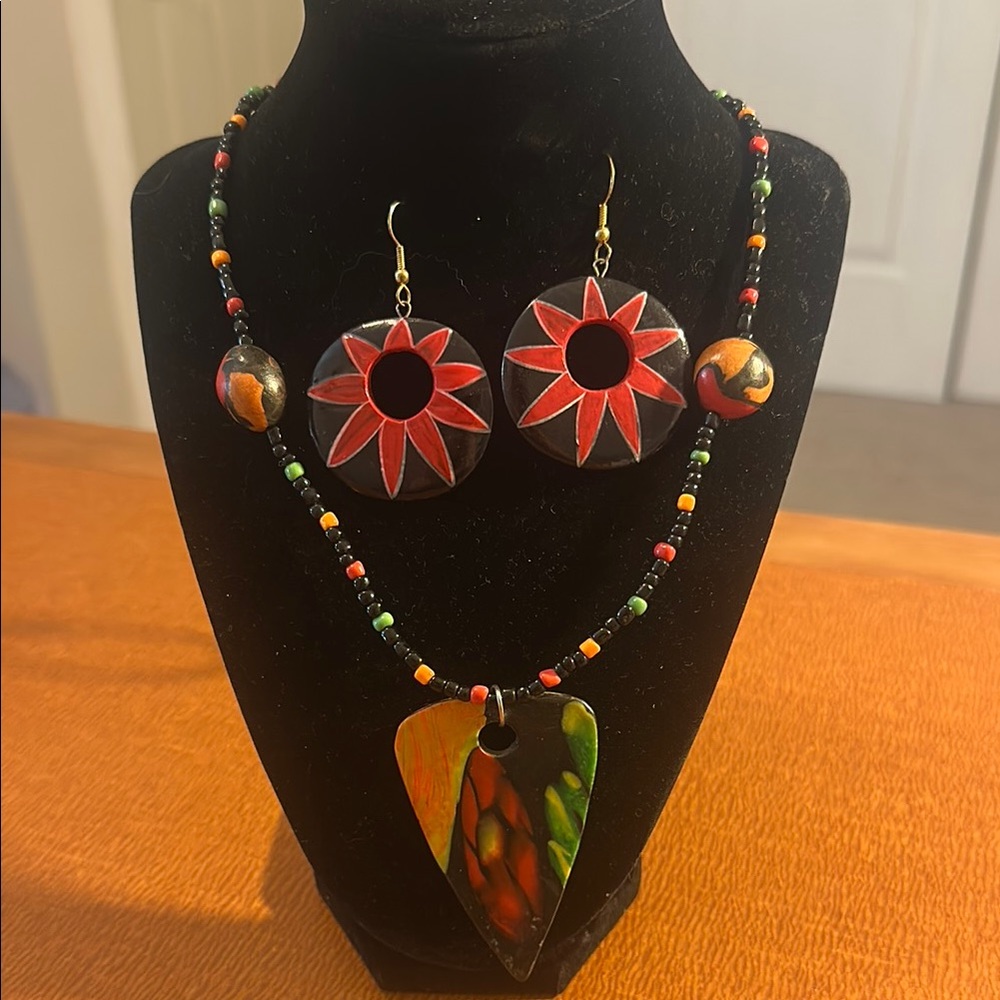 Vibrant Red and Orange Necklace with Leaf Pendants